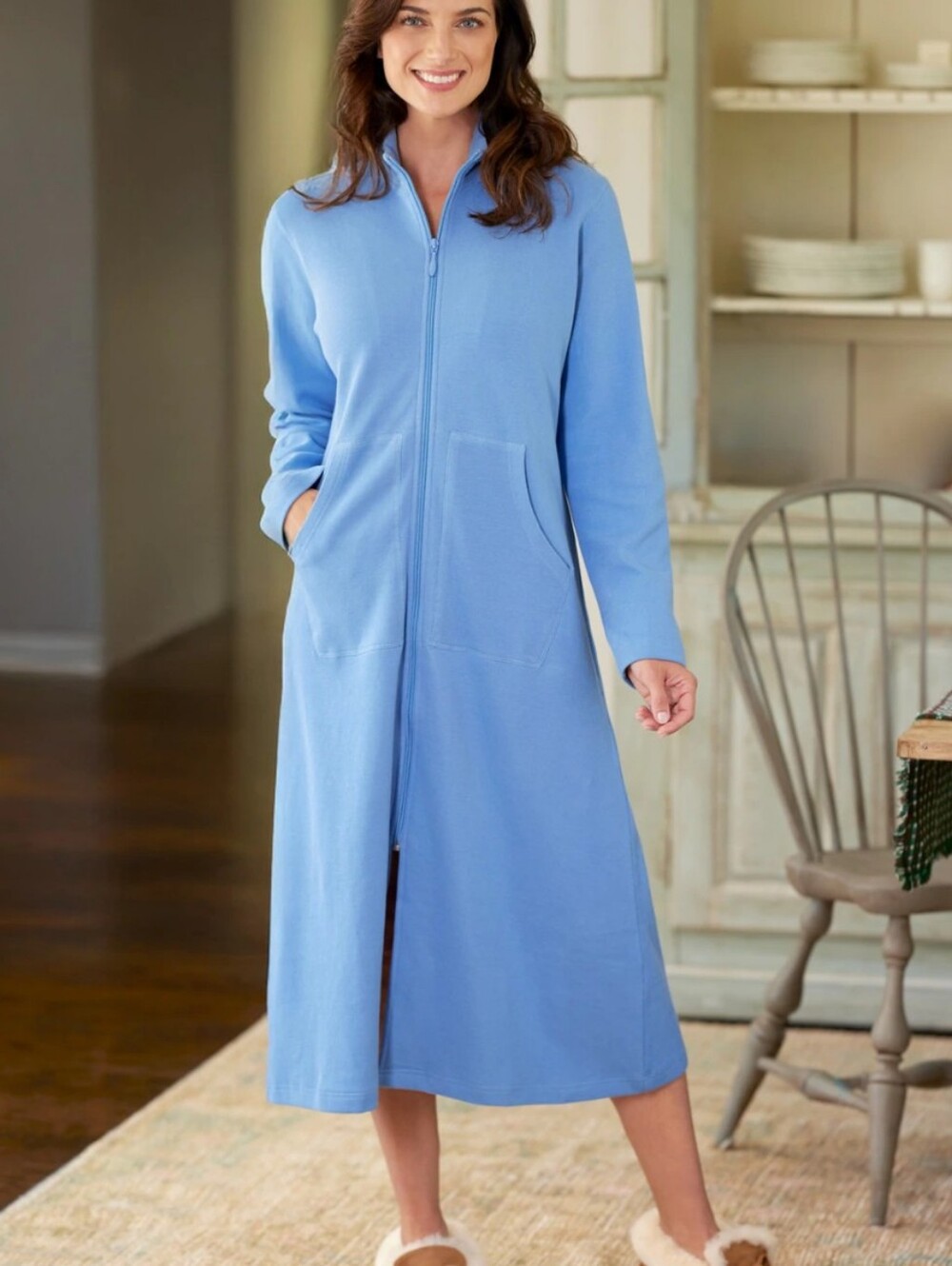 Vermont Country Store Knit Zip Front Robe House Coat XL Periwinkle Blue Grandma